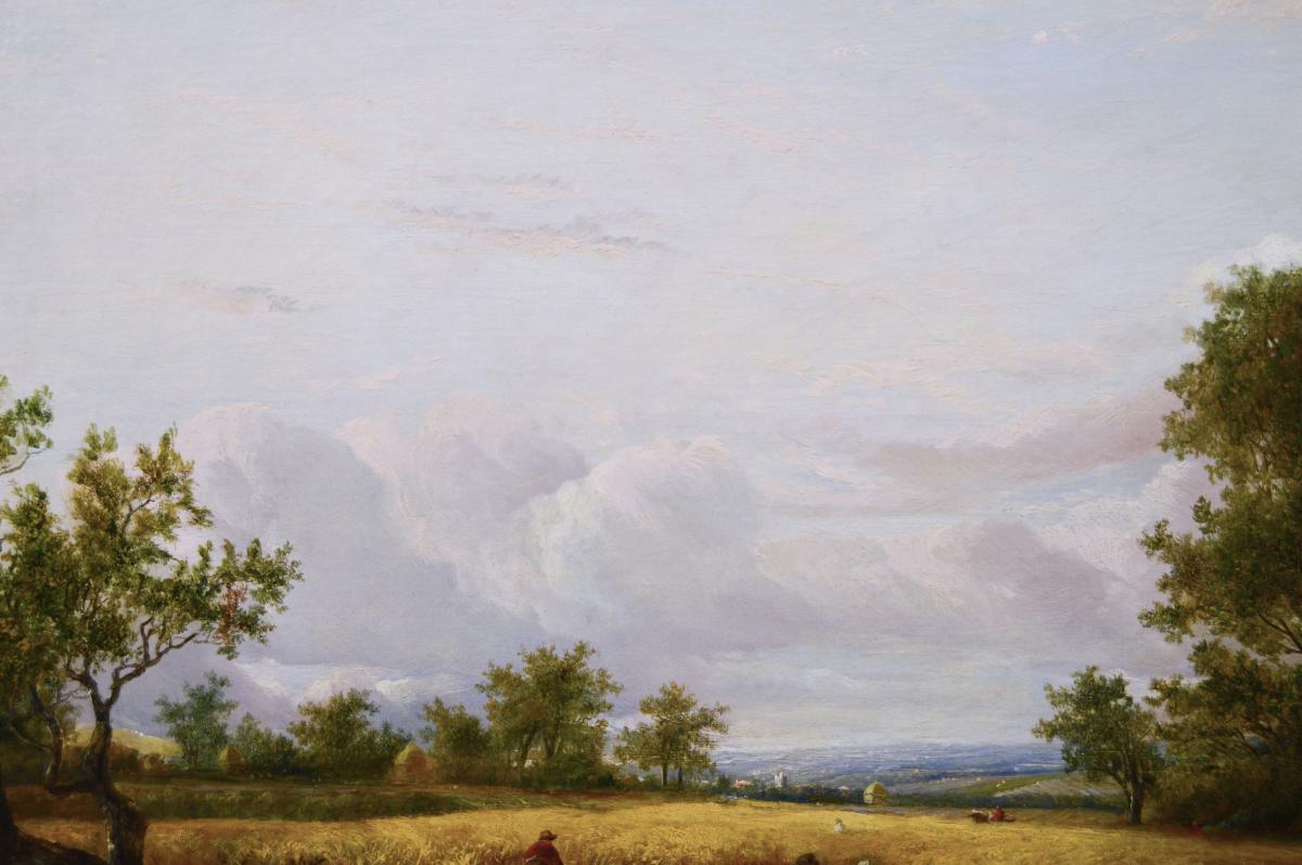 Landscape oil painting of figures harvesting by Joseph Thors