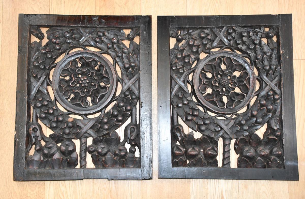 Pair of highly decorative English carved Pine panels, circa 1550