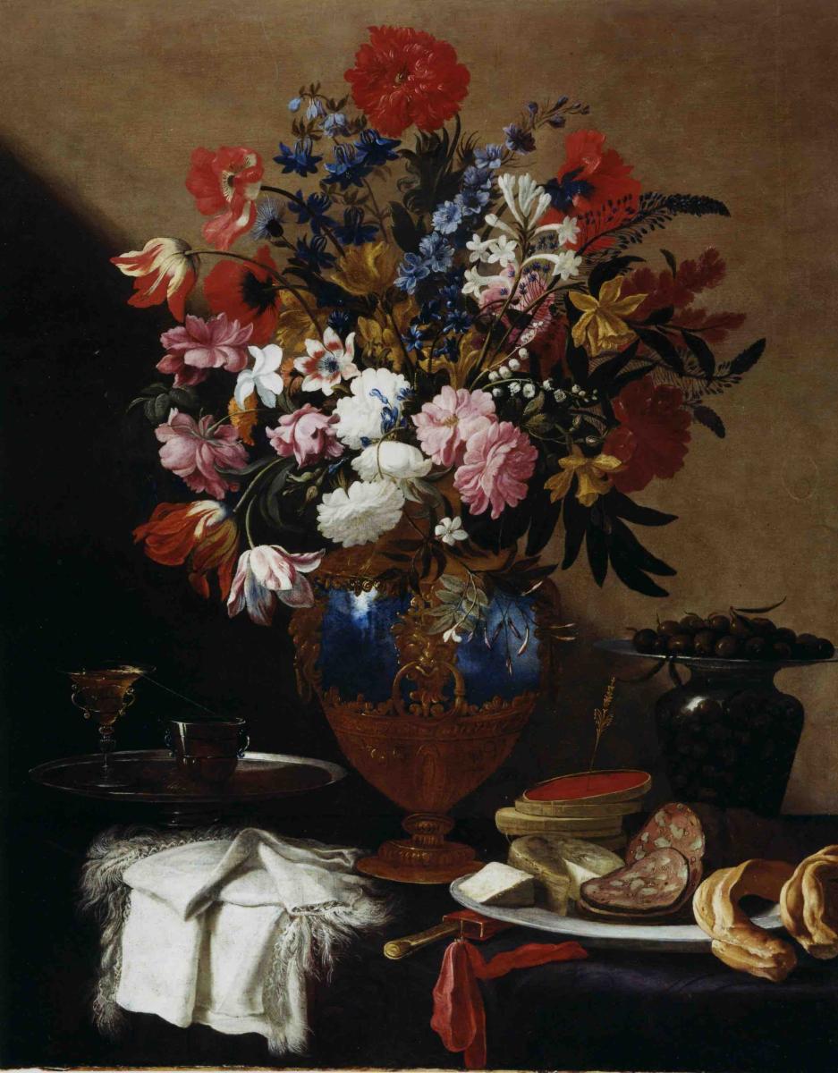 Pier Francesco Cittadini, called Il Milanese, Vase of flowers with pale of olives, salami and cheese, preserves, a chalice and a white fringed cloth