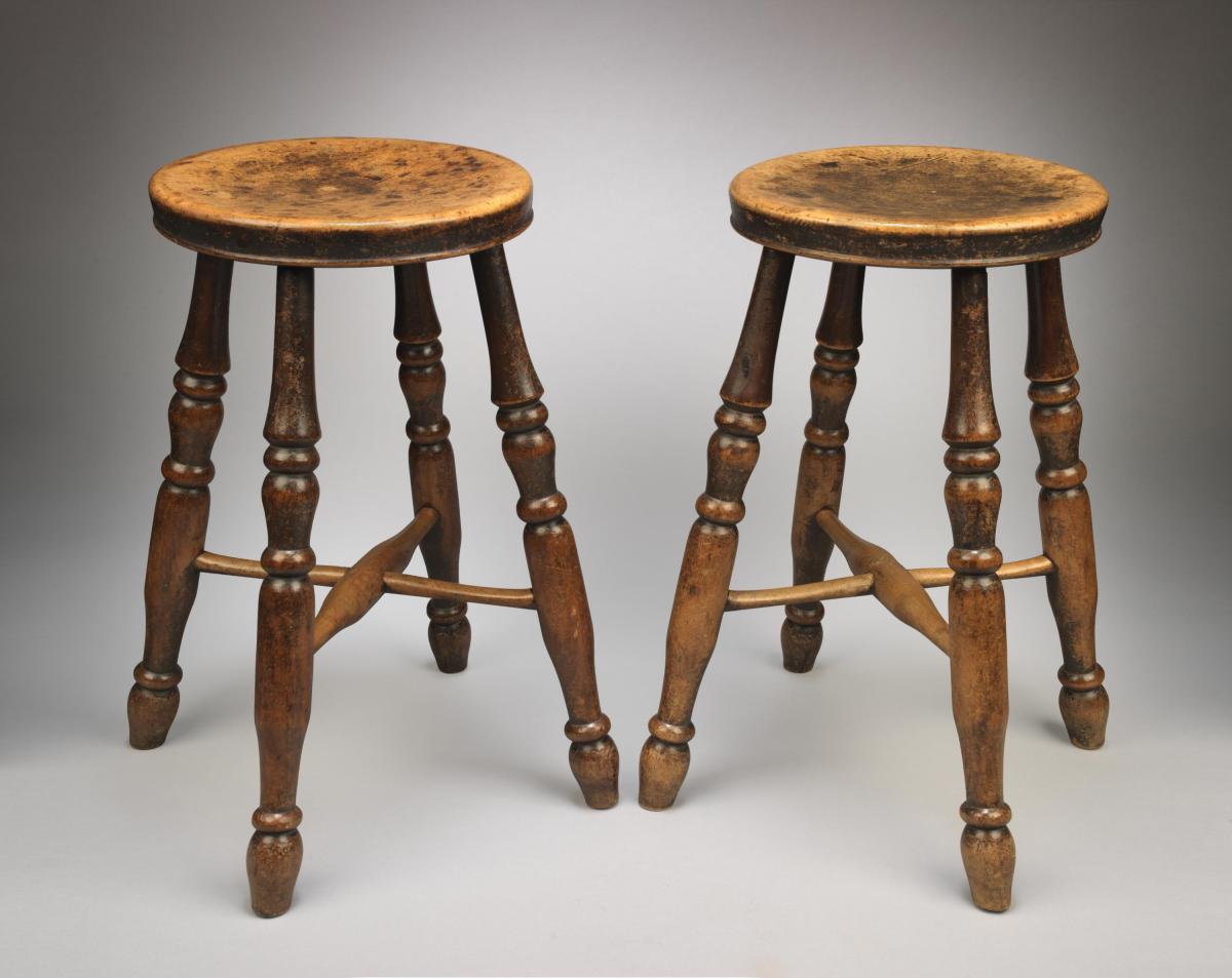 A Good Pair of Round Seated Windsor Stools With Dished Seats, Turned Legs and Cross Stretchers Solid Sycamore and Beech English, Thames Valley Region, c.1880