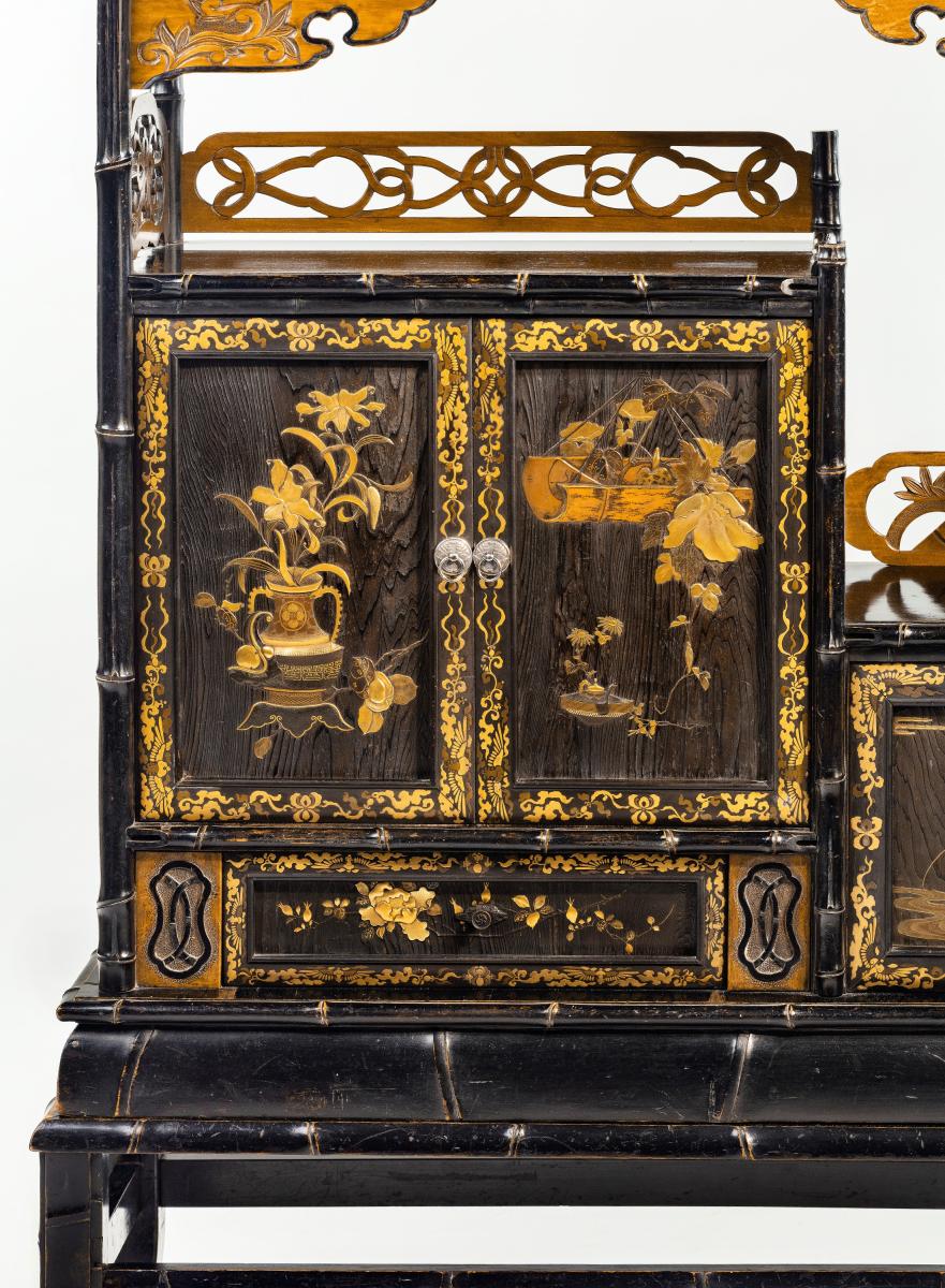 Delightful Japanese Bamboo Form Gold Lacquer Display Cabinet