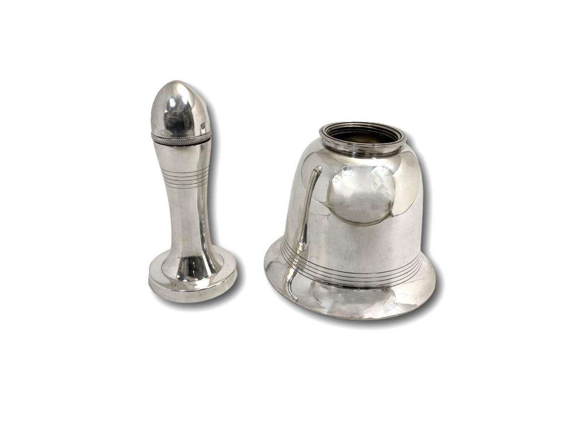 Overview of the Silverplate Asprey Cocktail Shaker with the top removed