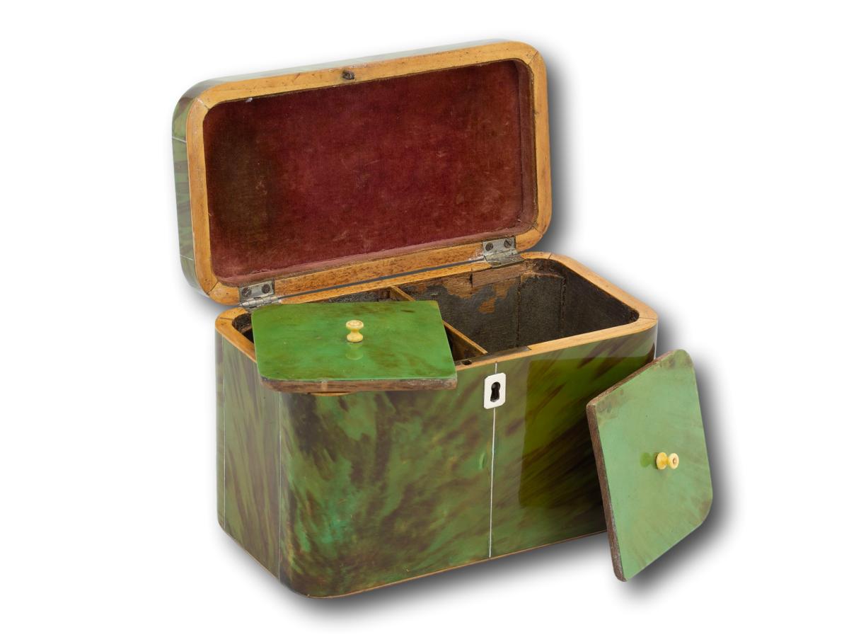 Overview of the Green Tortoiseshell Tea Caddy with the lid up and caddy lids removed