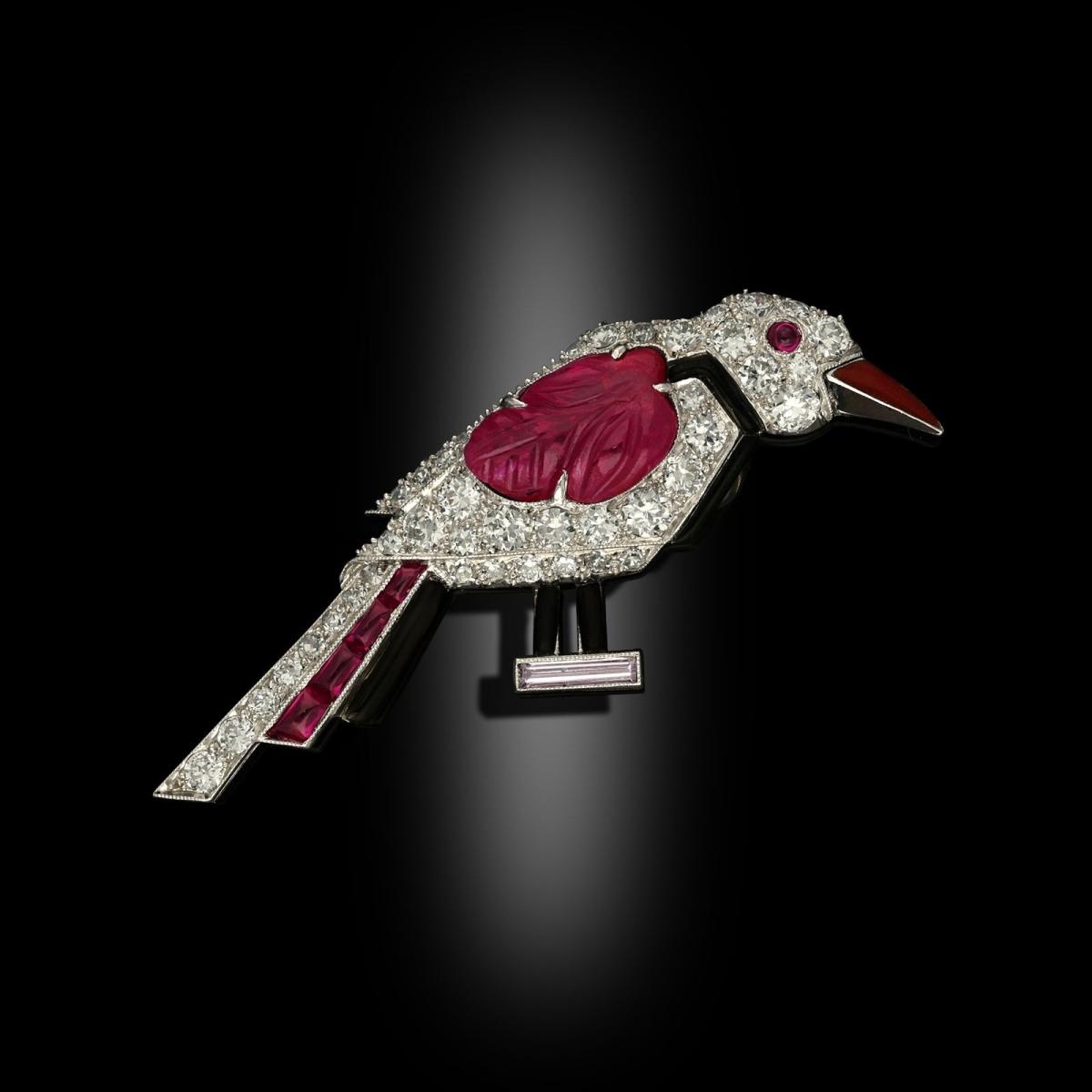 Cartier Art Deco Stylised Diamond And Carved Ruby Bird Brooch Circa 1925 London