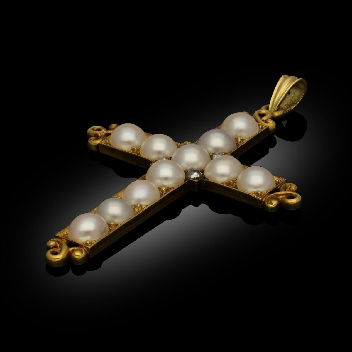 Victorian Antique Pearl And Diamond 18ct Yellow Gold Cross Pendant Circa 1890