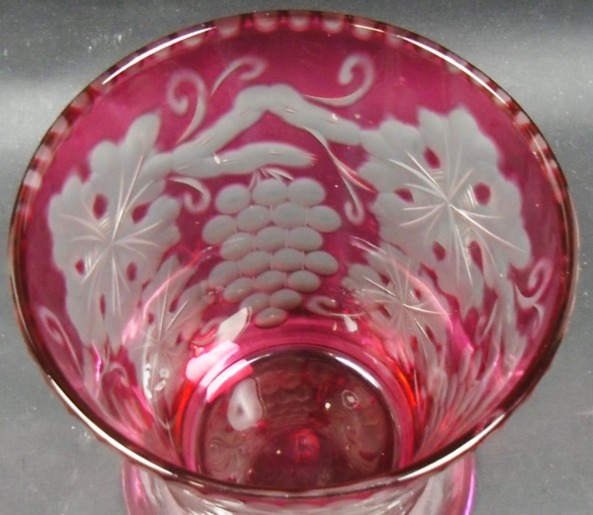 cranberry over crystal glass base engraved with fruiting vines Stevens & Williams, England circa 1910