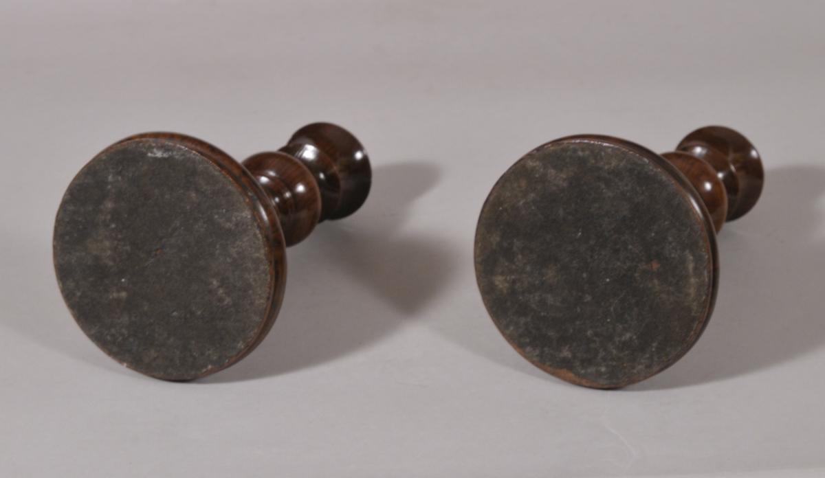 S/5955 Antique Treen Pair of 19th Century Yew Wood Candlesticks
