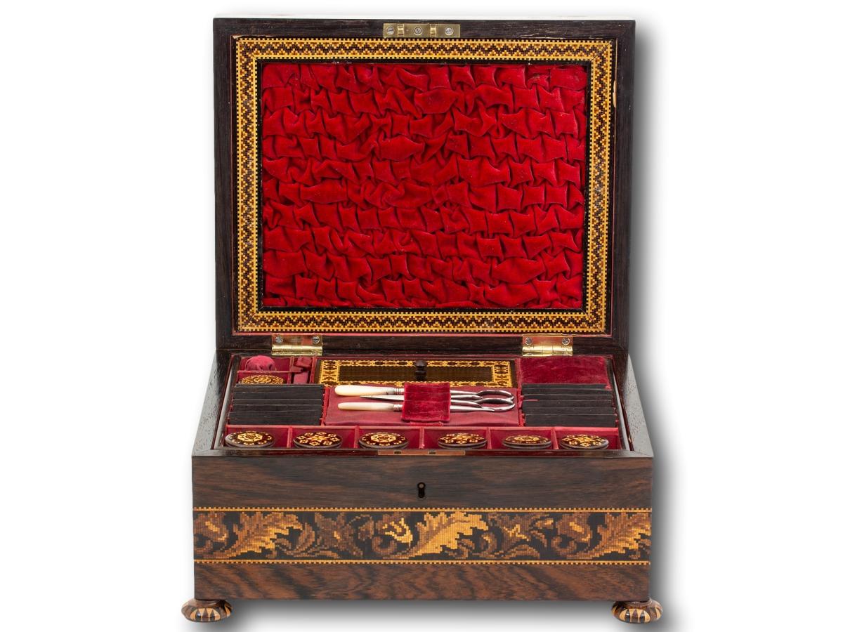 Overview of the Tunbridge Ware Sewing Box with the lid up
