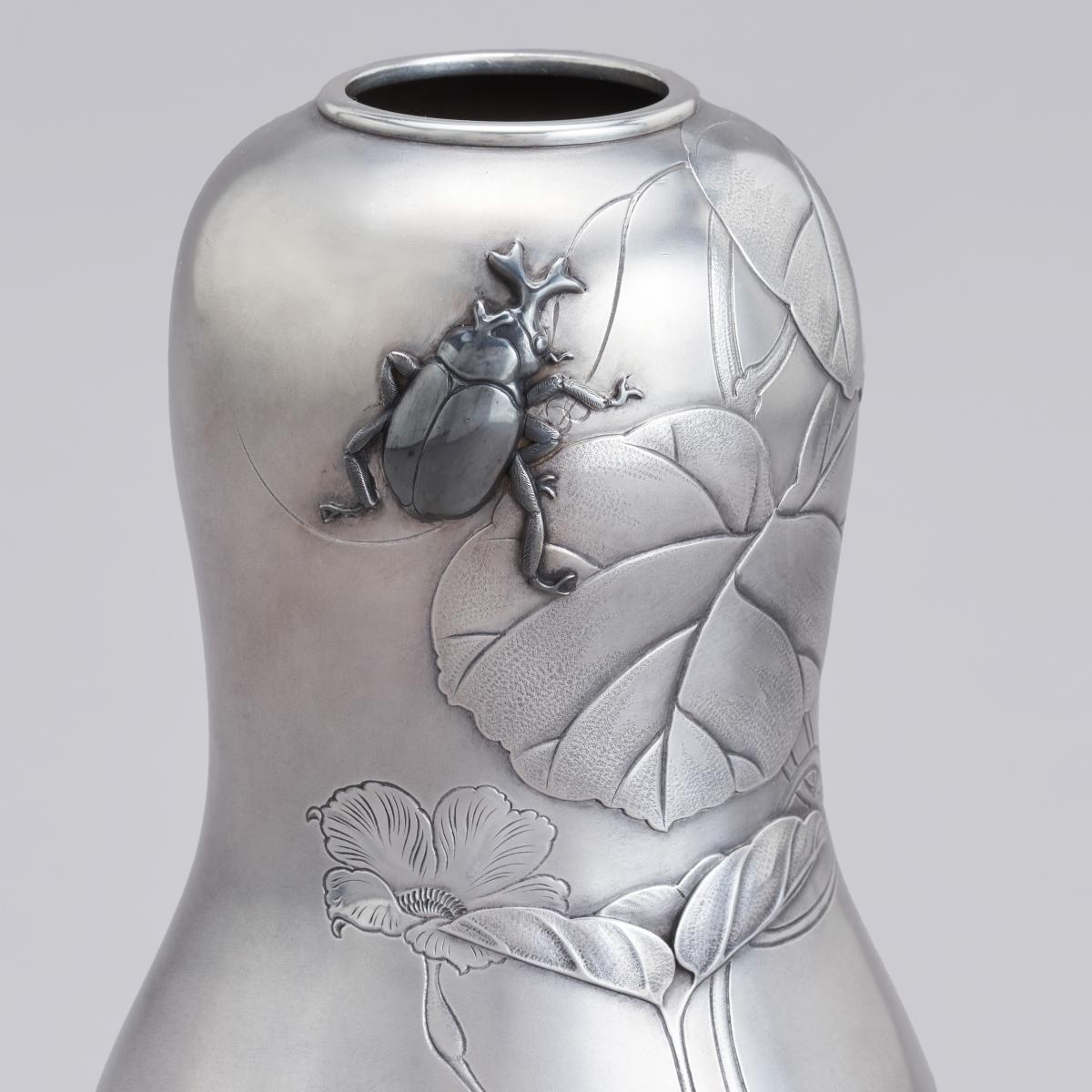 Japanese silver vase with stag beetle signed Hojo and Chorakusai, Showa period