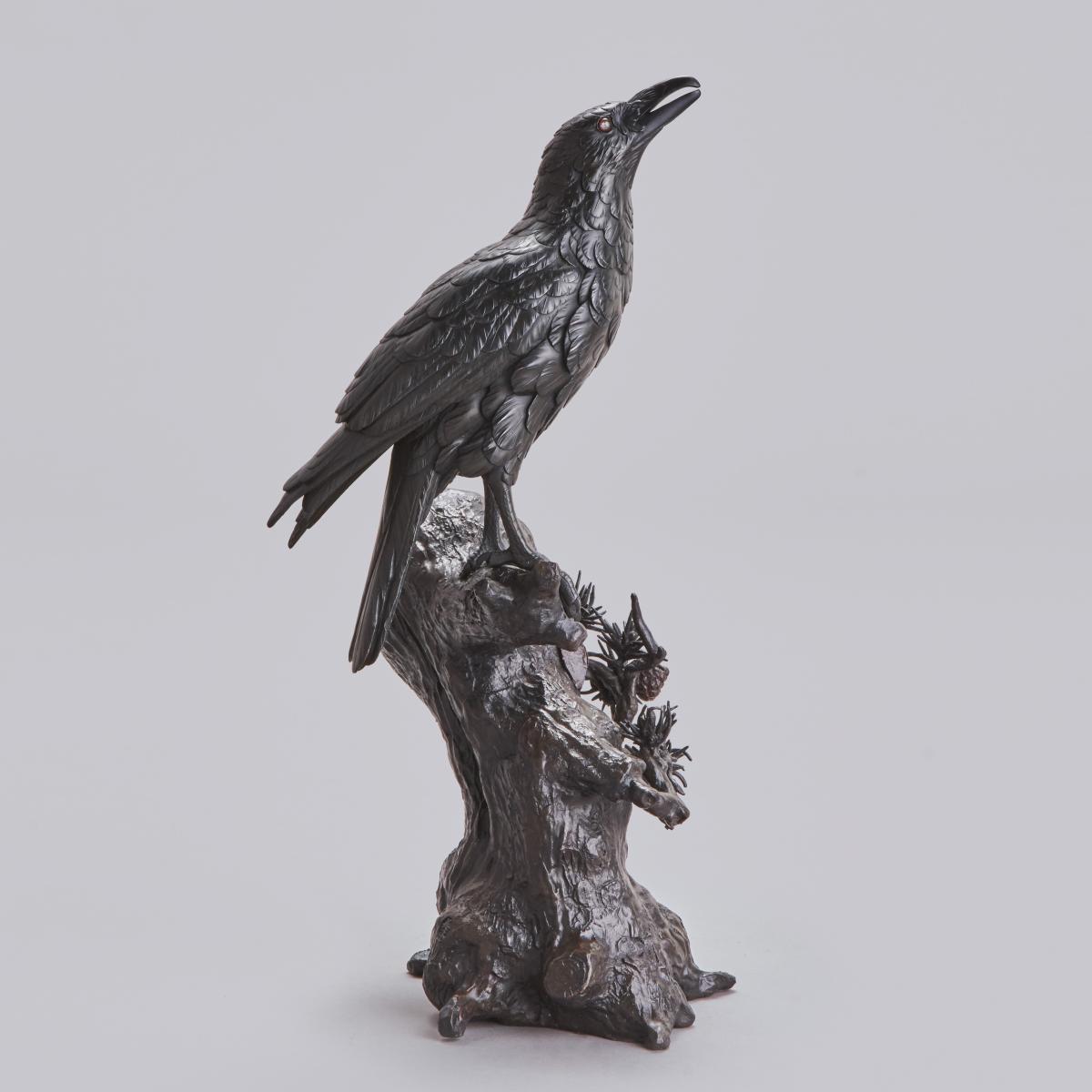 Japanese bronze crow perched on a gnarled tree trunk signed Mitani, Meiji Period