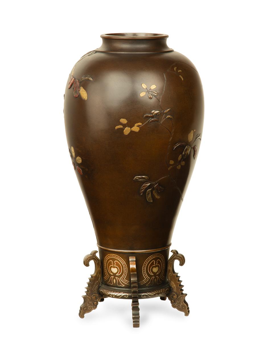 Large Japanese Bronze and Mixed Metal Vase After Suzuki Chokichi