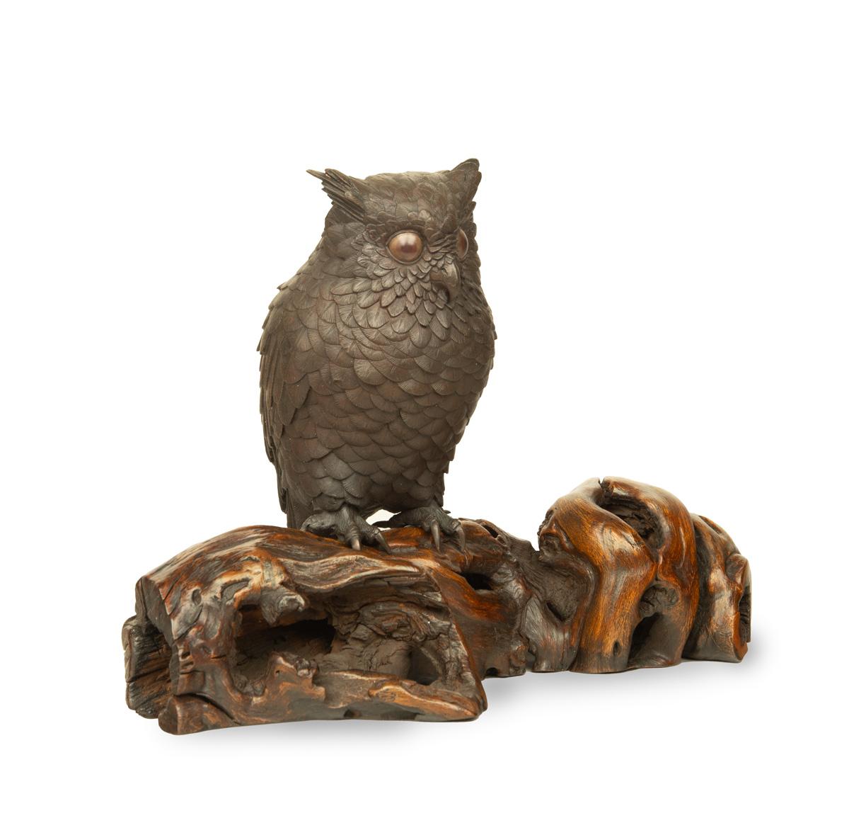 Enchanting Japanese Bronze Owl Okimono