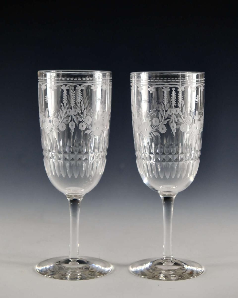 Antique glass engraved jug and two goblets English circa 1880
