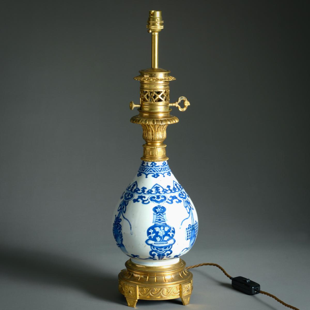 Pair of Ormolu-Mounted Blue and White Porcelain Lamps