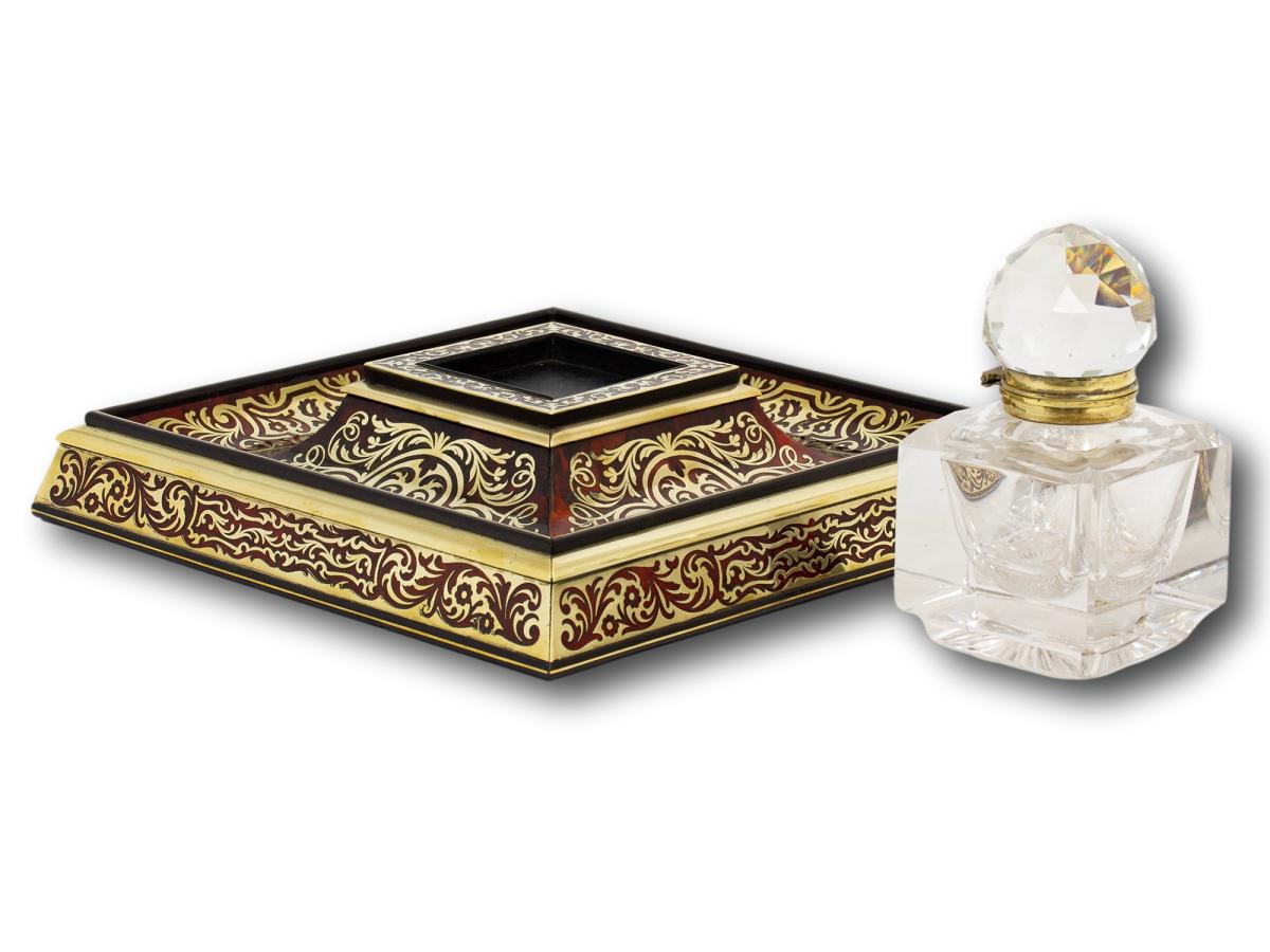 Overview of the large Boulle Inkwell with the glass inkwell removed from the stand