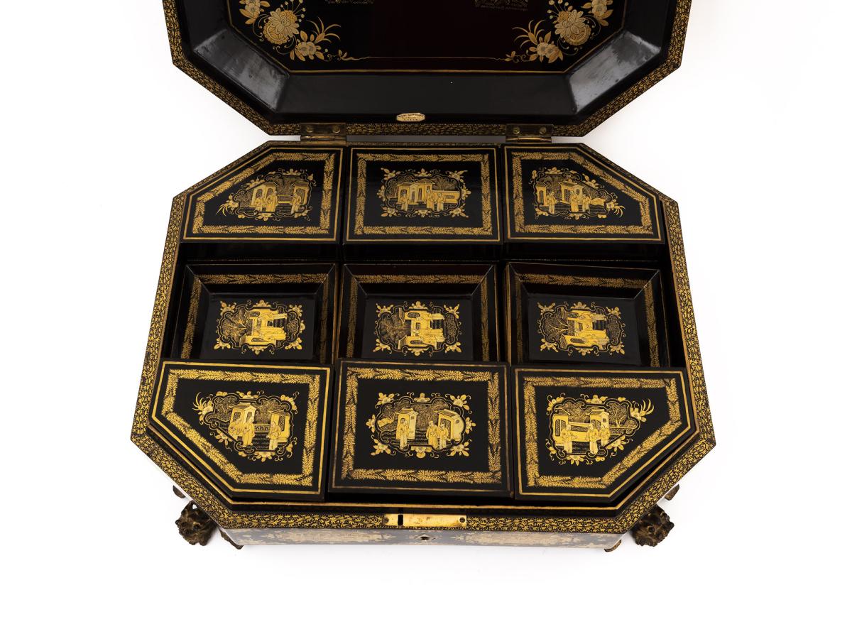 Close up of the trays and boxes inside the lacquer box