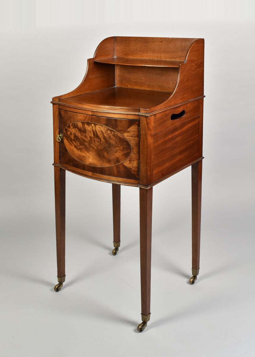 Pair George III bow fronted mahogany bedside tables, circa 1800