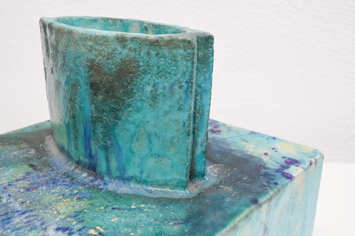 Square aqua slab vase by Marcello Fantoni 
