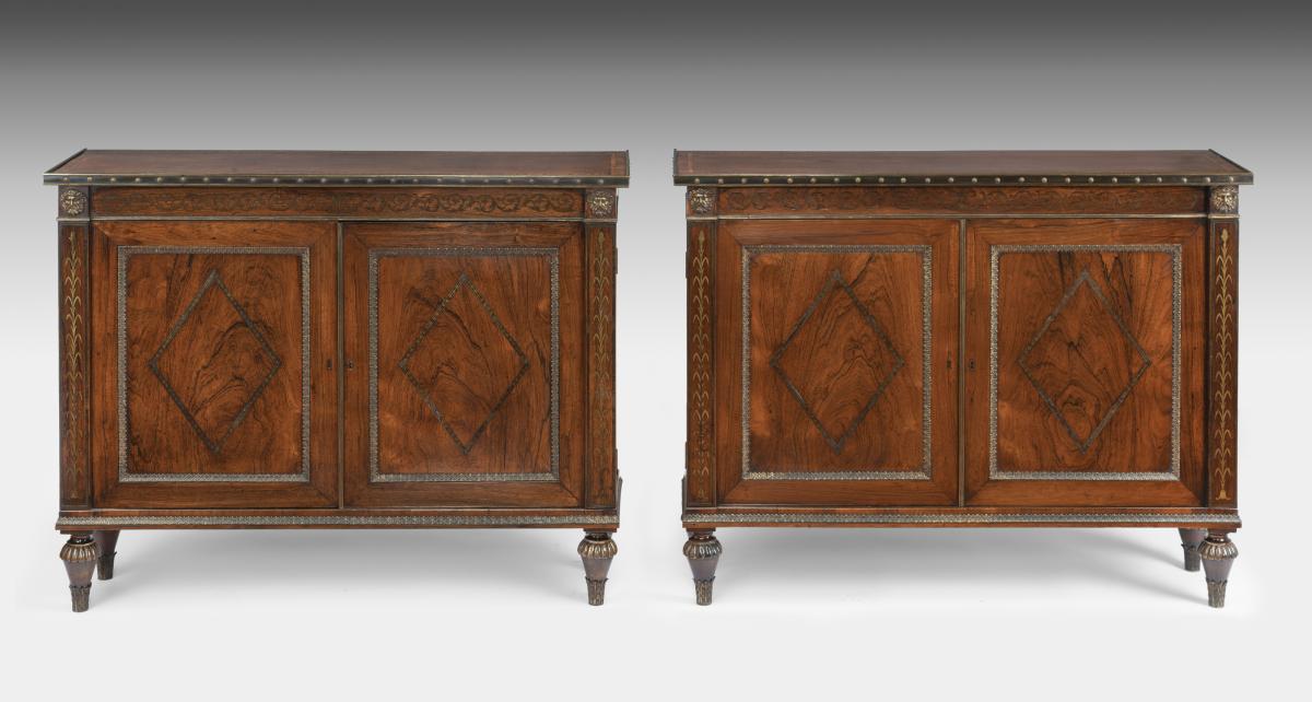 Pair of Regency Rosewood and Cut Brass Inlaid Side Cabinets attributed to George Oakley