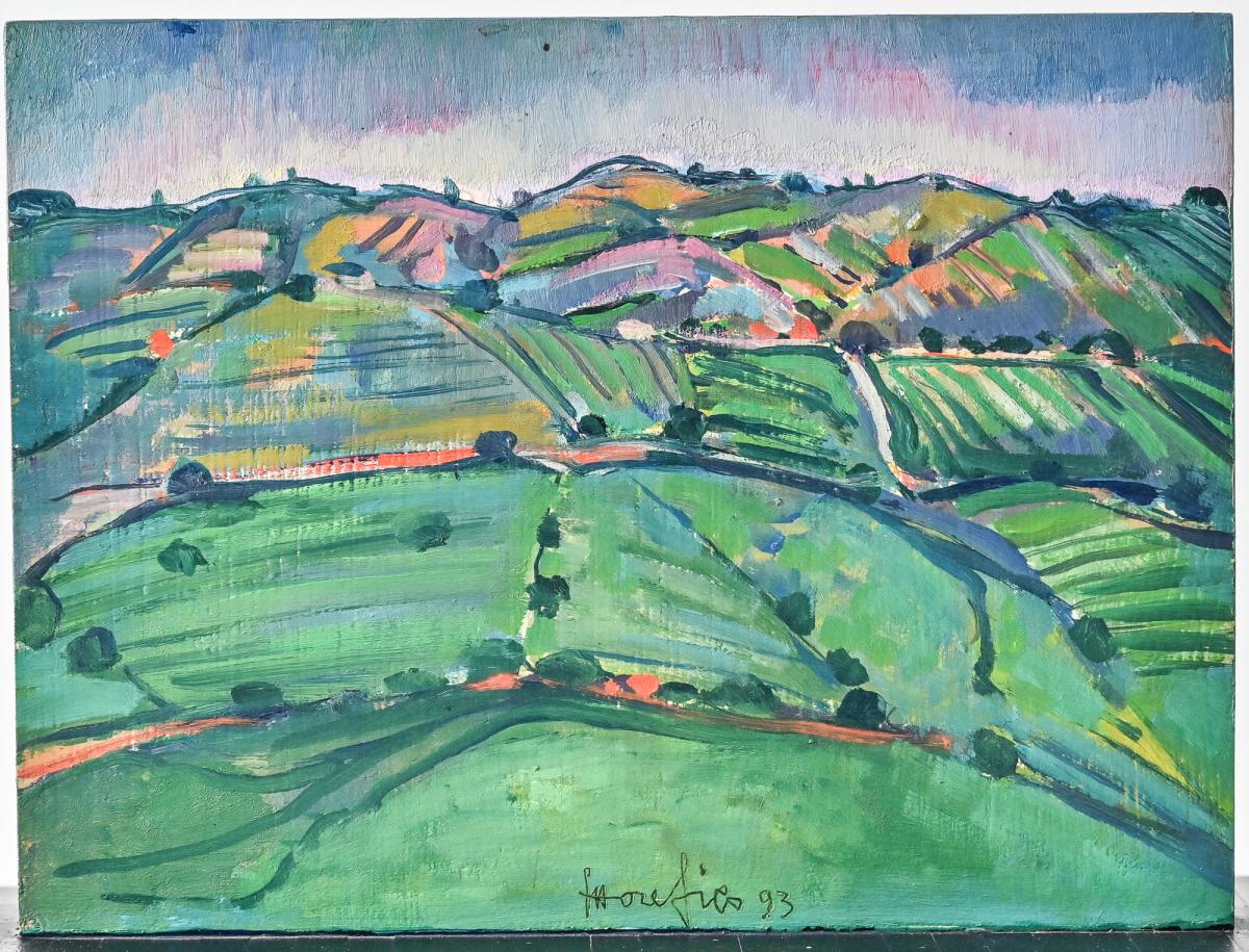 “Colline” 1993 oil on wood painting/sculpture by Ettore Fico, Italy