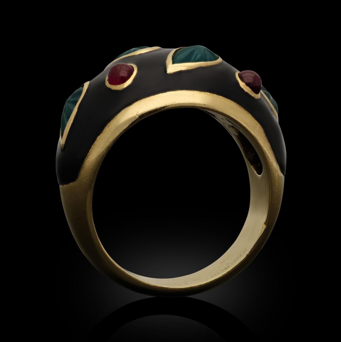 Cartier Carved Chrysoprase Ruby And Black Lacquered 18ct Yellow Gold Ring 1991