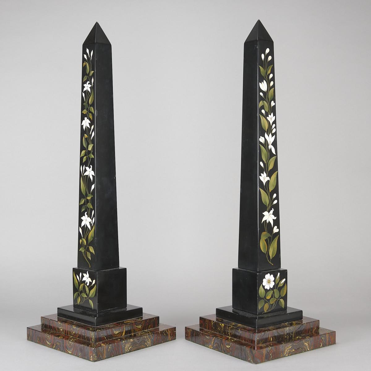 Mid 19th Century Pair of Ashford Pietra Dura Obelisks