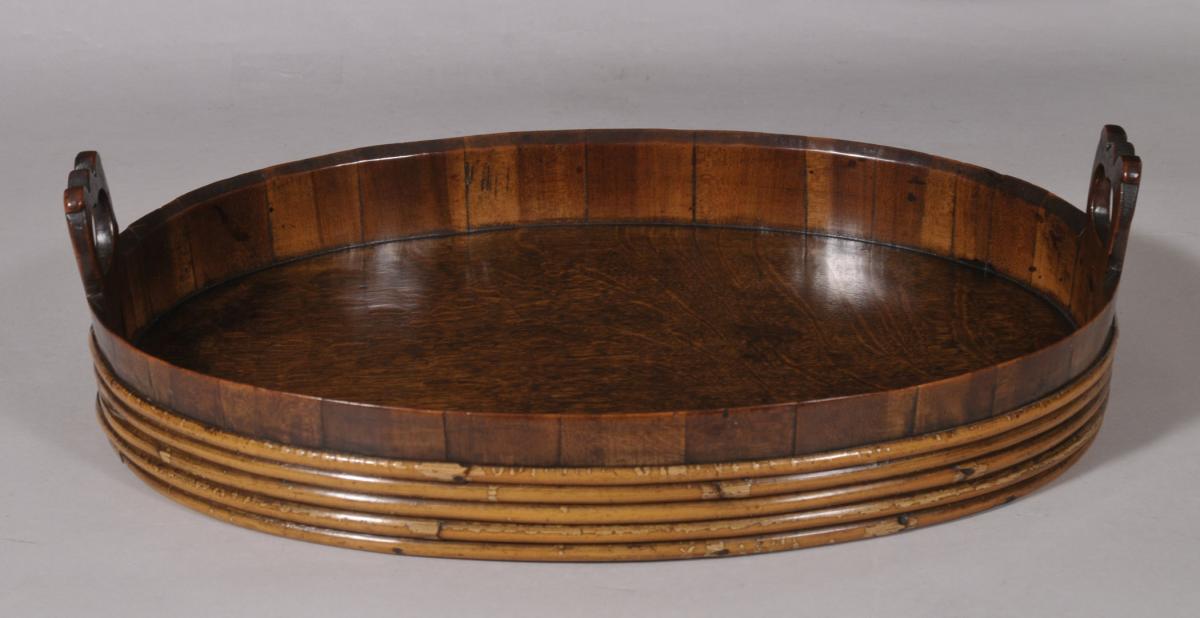 S/5956 Antique Treen Georgian Period Oval Tray in Alder and Sycamore with Willow Banding