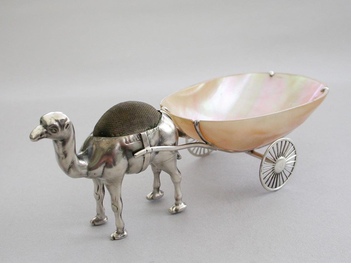 Edwardian Novelty Silver Camel Pulling A Cart Pin Cushion. By Adie & Lovekin Ltd, Birmingham circa 1905