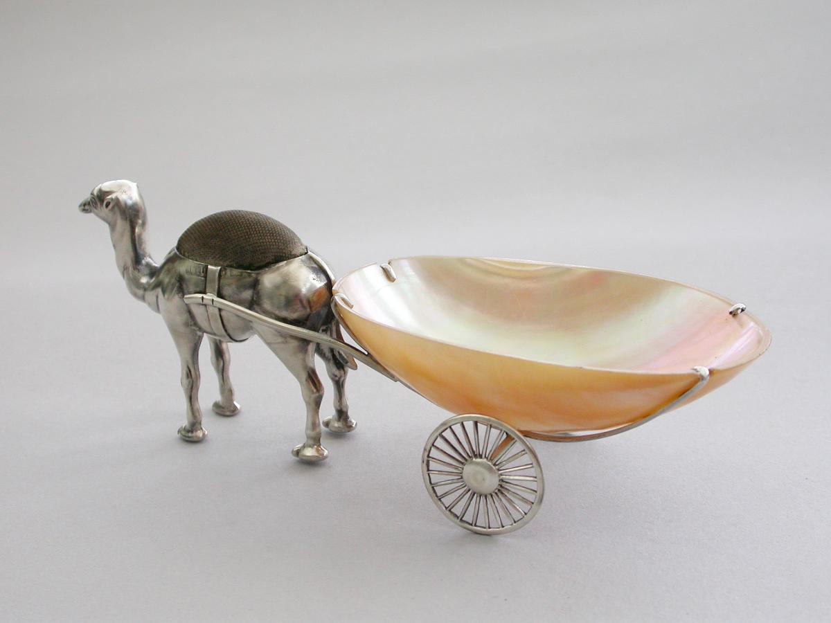 Edwardian Novelty Silver Camel Pulling A Cart Pin Cushion. By Adie & Lovekin Ltd, Birmingham circa 1905