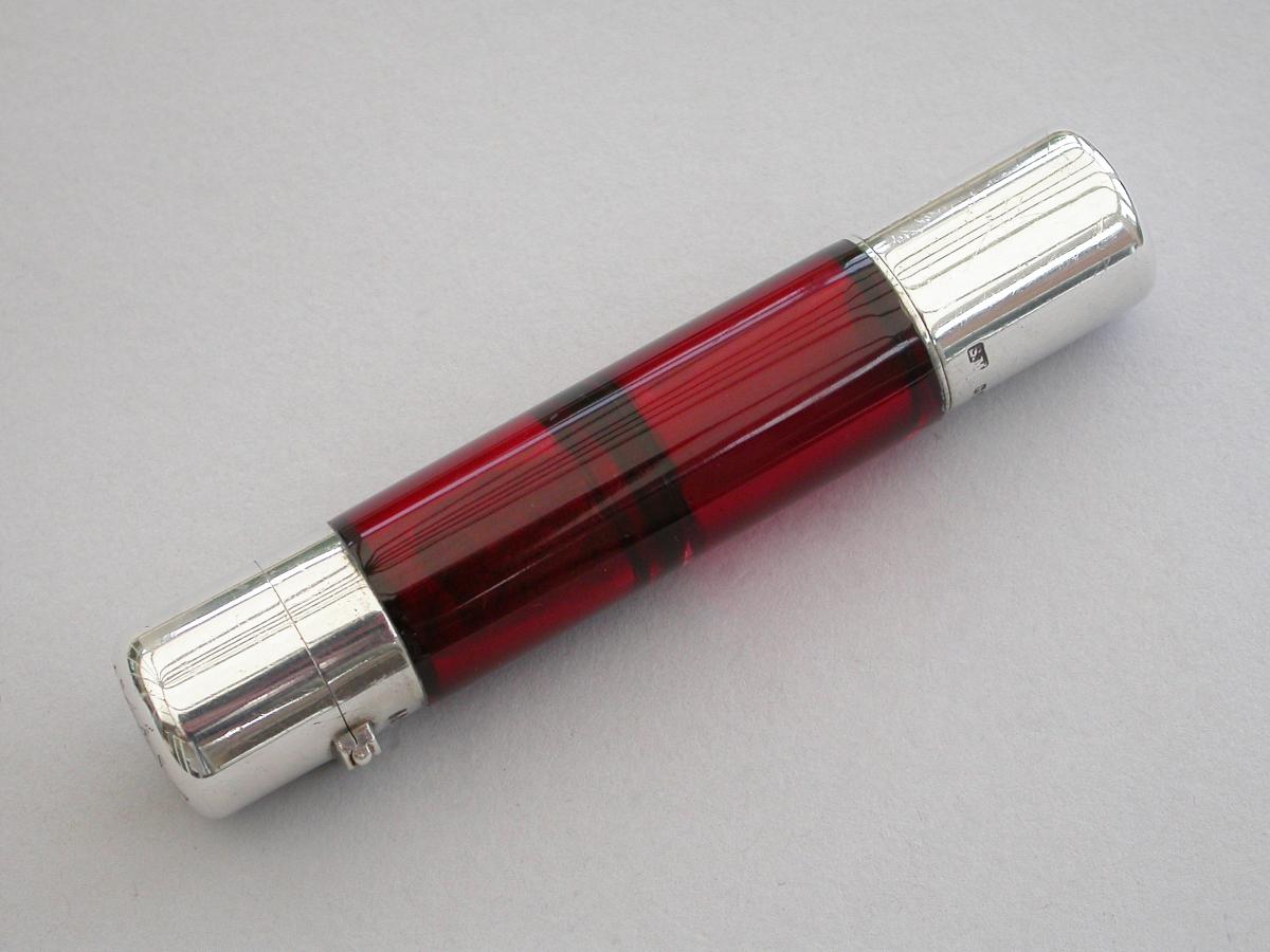 Victorian Silver Mounted Ruby Glass Combination Scent & Smelling Salts Bottle. By Sampson Mordan, London 1882