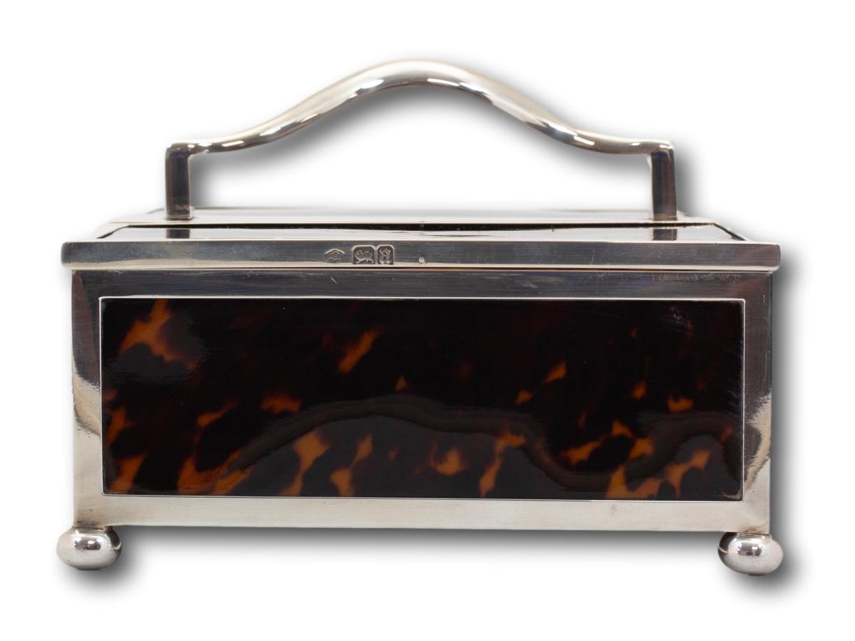 Side overview of the silver & tortoiseshell humidor
