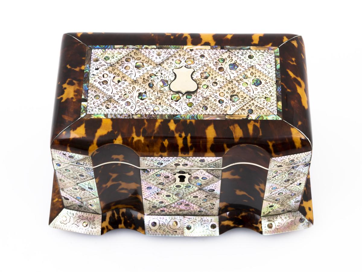 Top of the tortoiseshell and mother of pearl tea caddy 