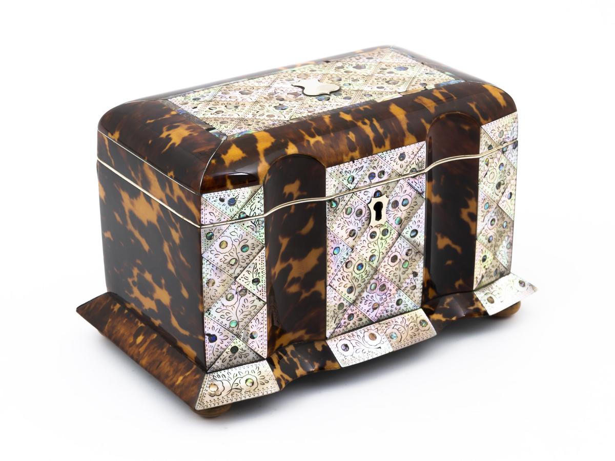 Front Overview of the tortoiseshell and mother of pearl tea caddy 