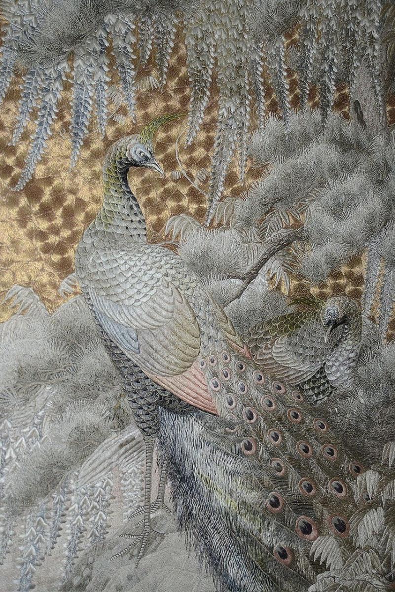 Monumental Japanese Silk Textile - Peacocks in Landscape.