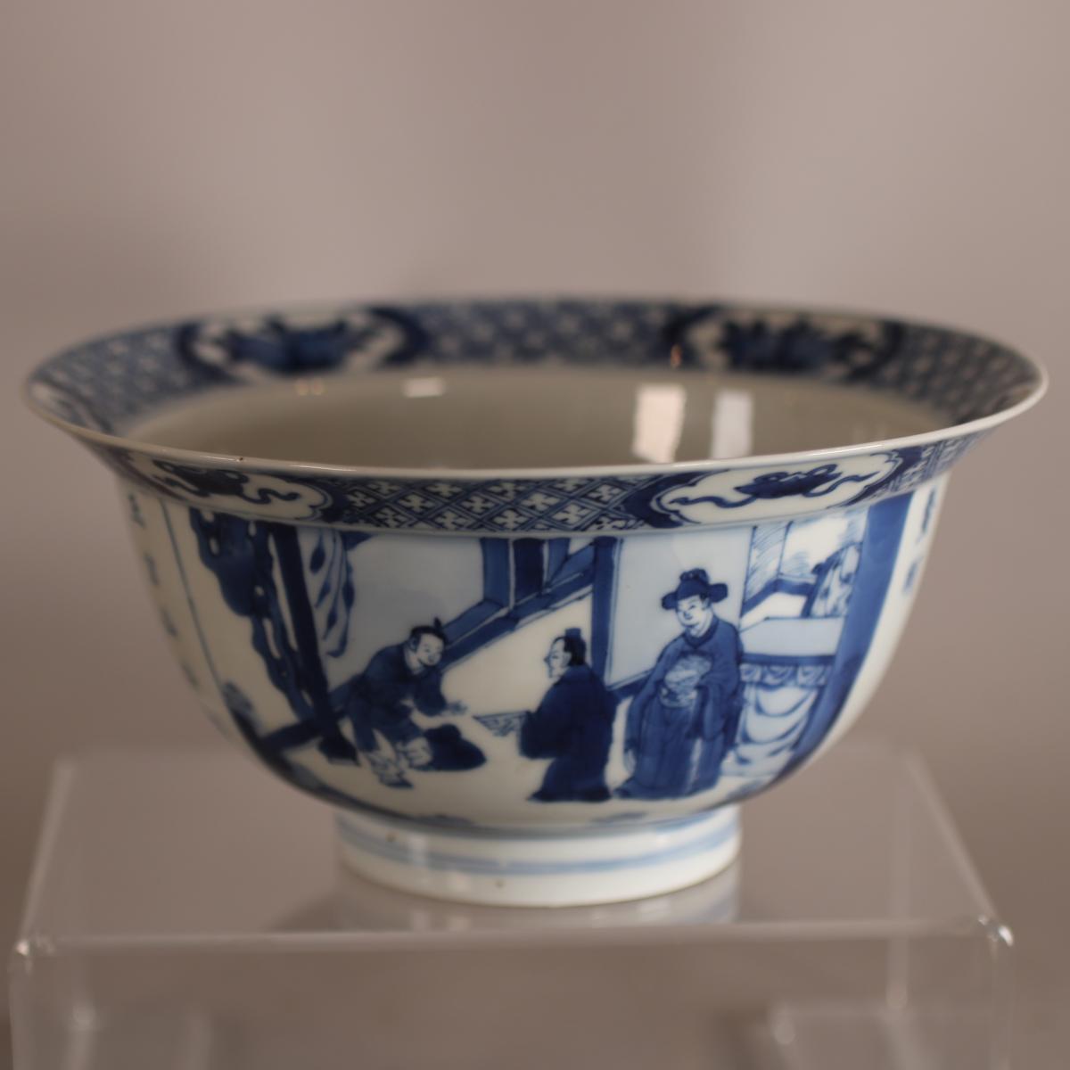 Interior scene on side of blue and white Klapmutz bowl