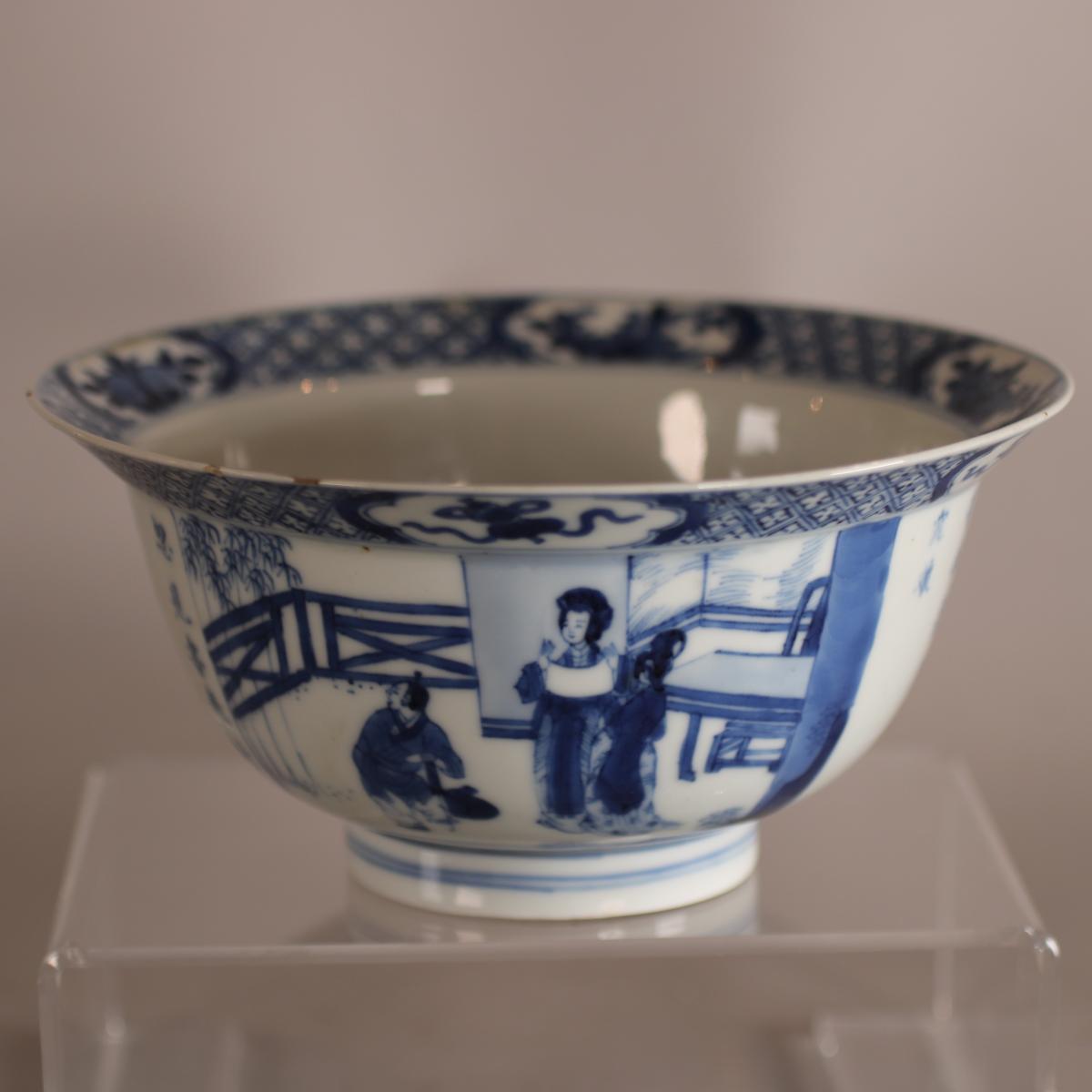 Garden scene on side of blue and white Chinese Kangxi bowl