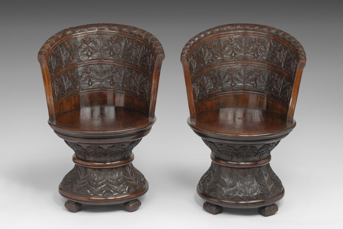 Pair of Anglo-Indian Carved Rosewood Revolving Throne Chairs