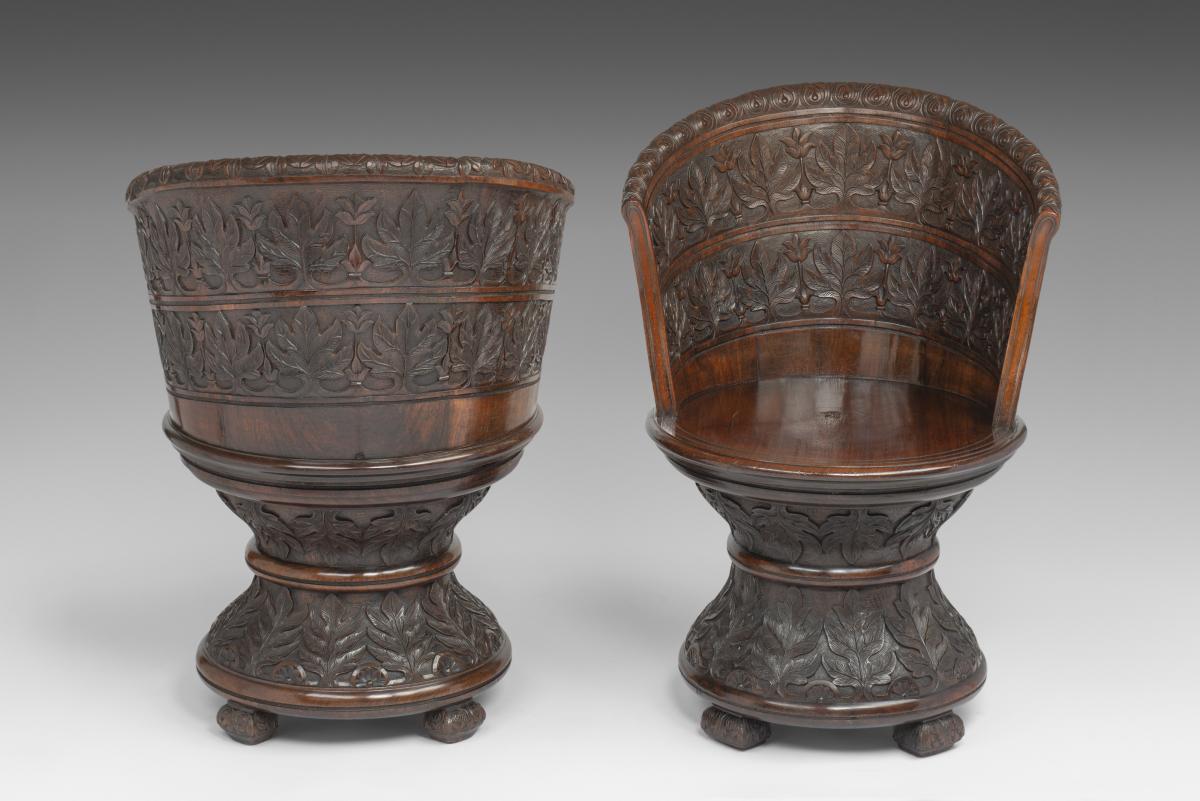 Pair of  Anglo-Indian  Carved Rosewood Revolving Throne Chairs