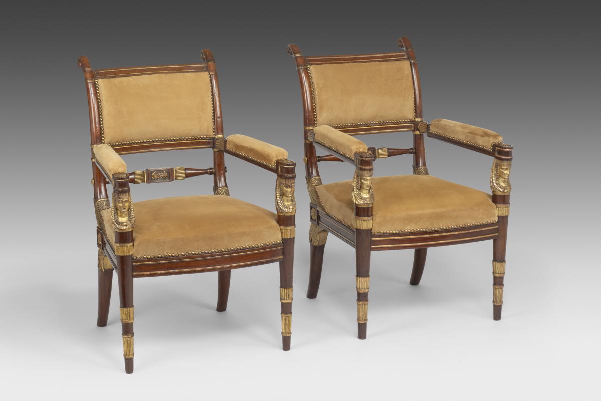 Pair of Regency Mahogany and Parcel Gilt Arm Chairs attributed to Morel & Hughes