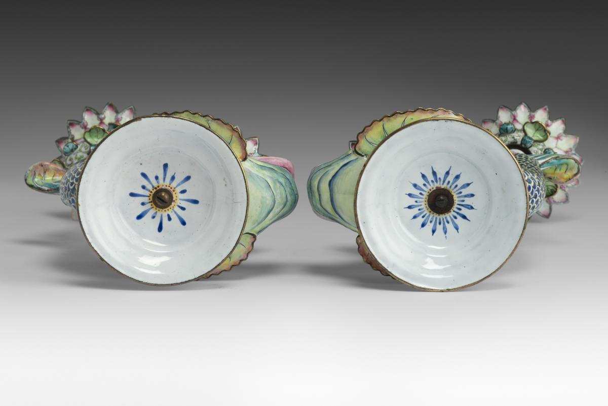 Pair of Chinese Painted Enamel 'Pièces de surtout' in the form of Dolphins