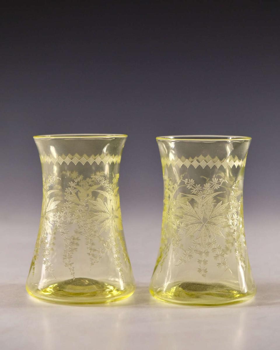 Antique glass citrine jug and two goblets English circa 1900