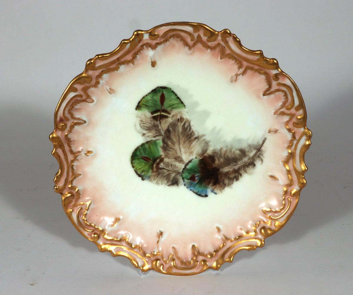 Limoges Porcelain Dessert Plates decorated with Feathers, Set of Ten, 1891-1900