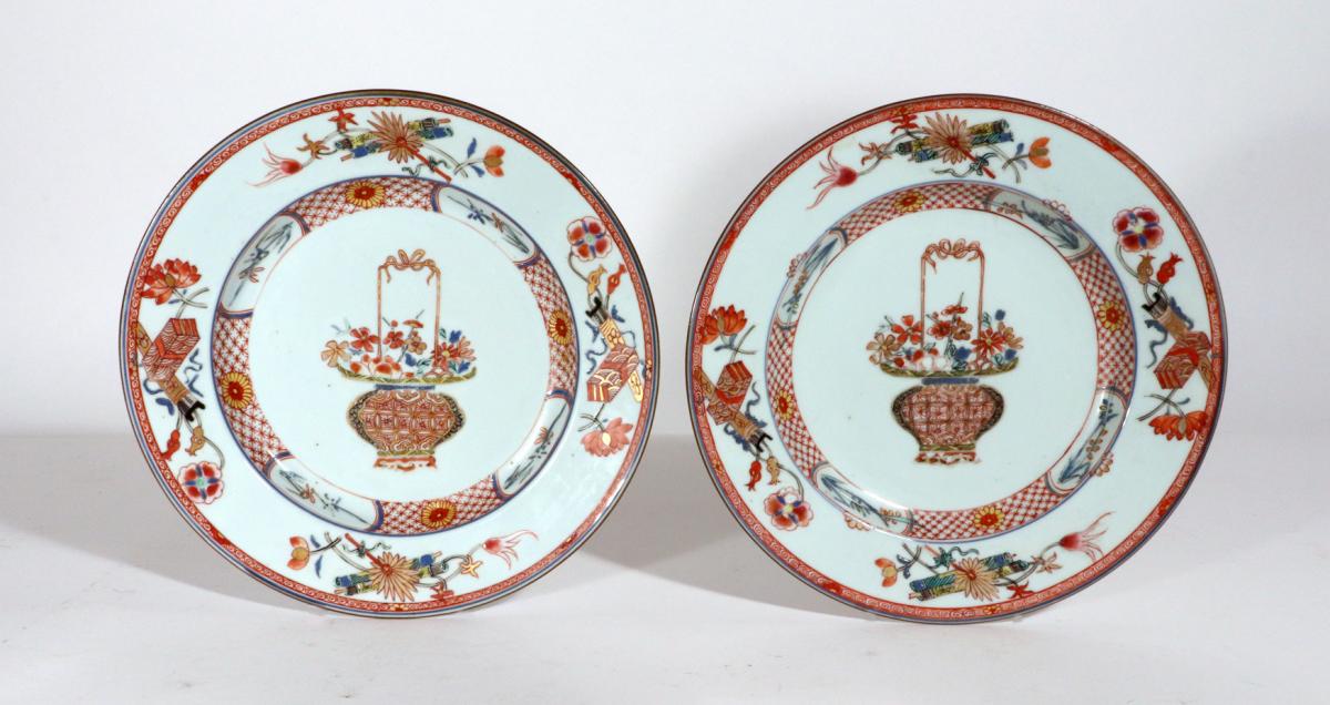 Chinese Export Porcelain Famille Rose Plates Painted with Flower Baskets, Yongzheng Period