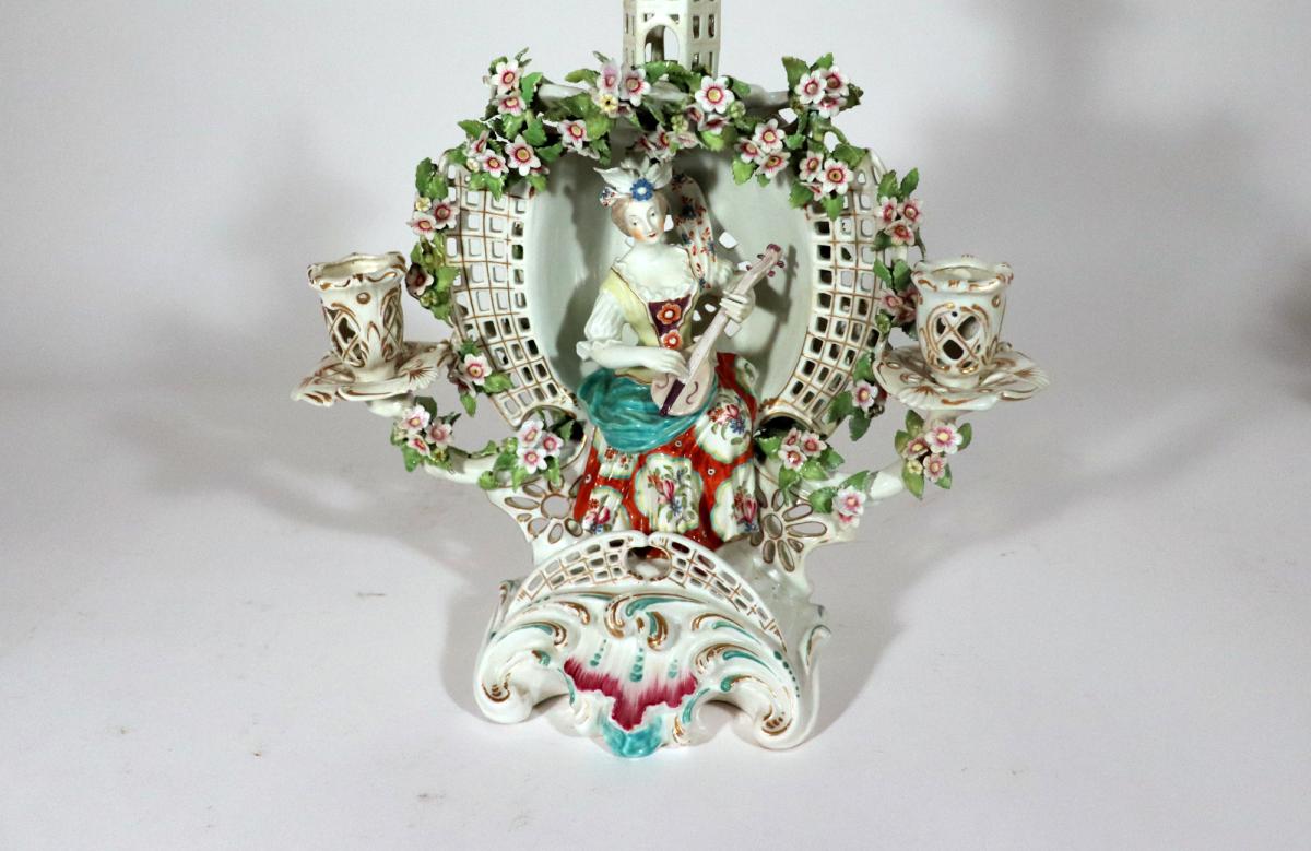 English Porcelain Arbor Musician Candelabrum, Chelsea Derby or Derby, Circa 1770