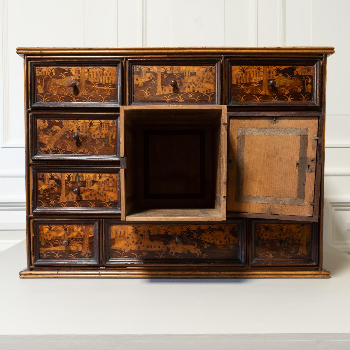 A fruitwood, marquetry table-top cabinet Augsburg, Germany, circa 1600