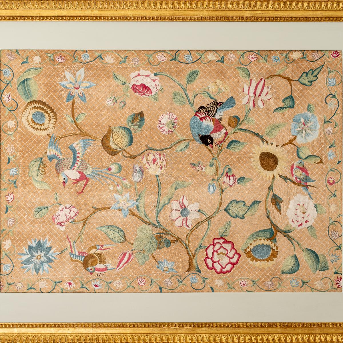 A Queen Anne silk needlework panel, circa 1710