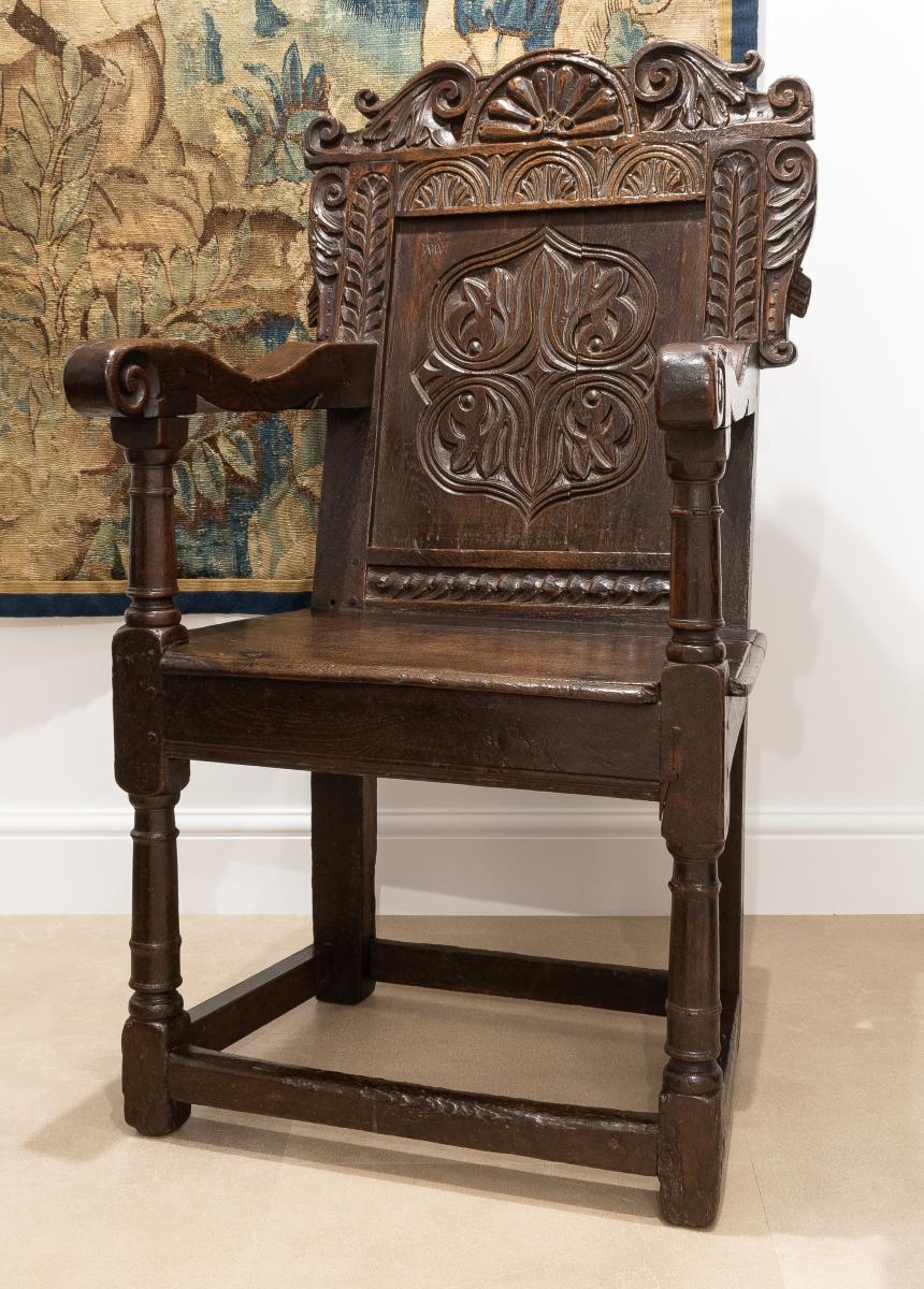 A Charles I joined oak panel back open armchair, Gloucestershire/Wiltshire border, circa 1630-40