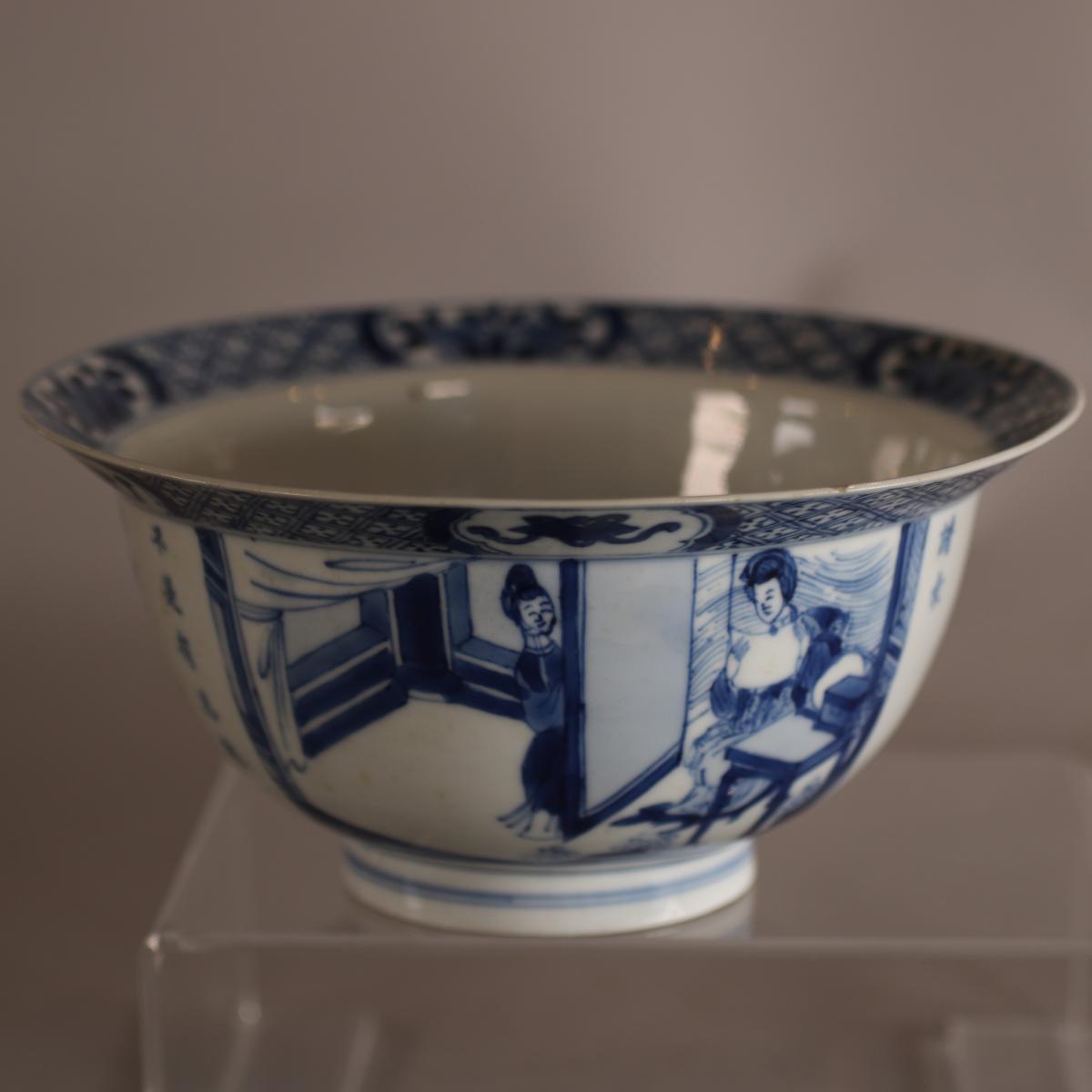 Interior scene on side of blue and white Kangxi bowl