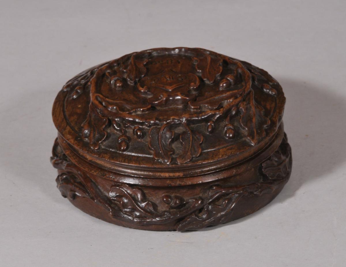 S/5977 Antique Treen 19th Century Carved Oak Table Box Initialled and Dated 1850