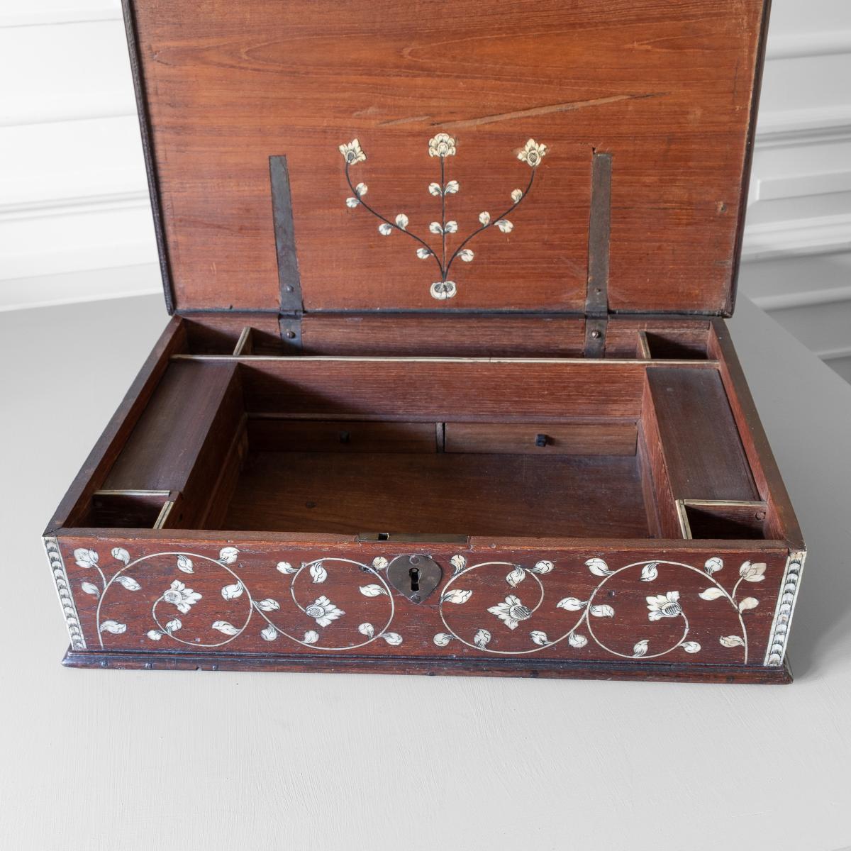 An 18th century padouk, ivory-inlaid and ebony strung document box, Vizagapatam, Eastern India, circa 1740-1780